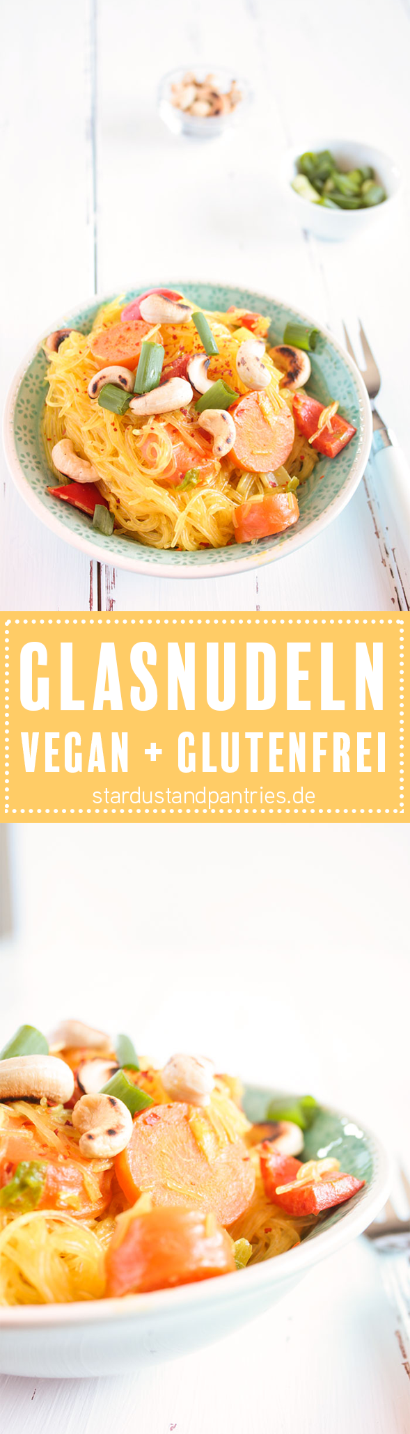 Glutenfreie, vegane Glasnudeln mit Gemüse. Ein leckeres und schnell gemachtes Gericht. Eine Rezeptkarte gibt es auf dem Blog zum download!