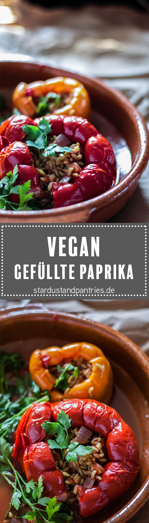 Vegan geefüllte Paprika. Ein leckeres und unkompliziertes Gericht, das perfekte comfort food. Eine Rezeptkarte gibt es auf dem Blog zum download!