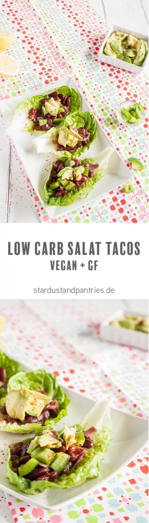 Vegane Low Carb Salat Tacos mit mexikanischer Füllung sind das ideale Low Carb Abendessen! Rezeptkarte gibt es auf stardustandpantries.de zum download!