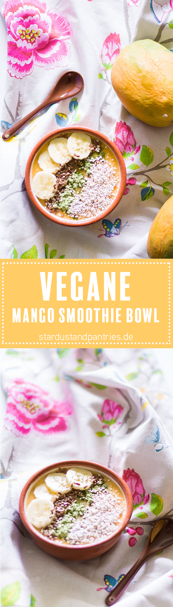 Vegane Mango Smoothie Bowl mit Amaranth und Weizengrass - ein gesundes und sättigendes Frühstück. Eine Rezeptkarte gibt es auf dem Blog zum download!