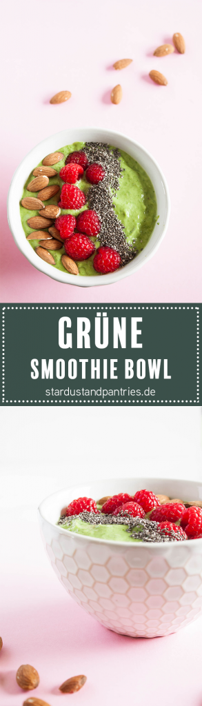 Vegane und glutenfreie grüne Smoothie Bowl mit gesundem Superfood Topping sorgt für ein sättigendes Frühstück.