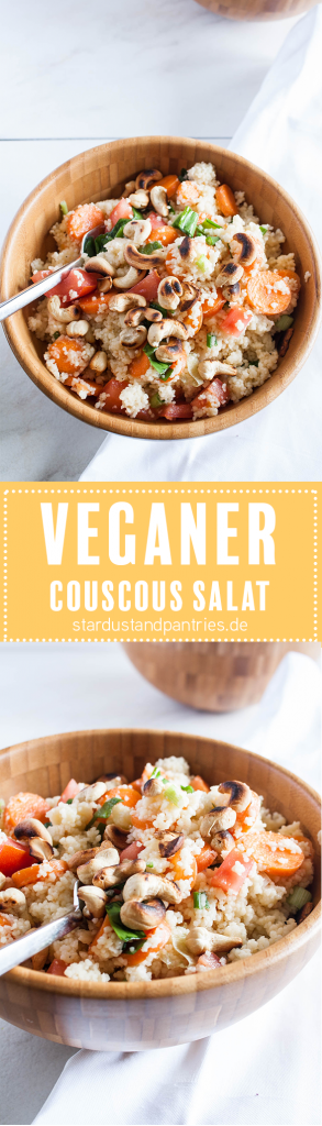 Veganer Couscous Salat ist das schnell gemachte Abendessen oder zum Mittag im Büro. Schmeckt auch lecker zu gegrilltem Gemüse!