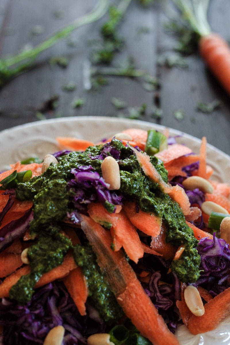 Schneller Karotten-Rotkohl-Salat mit frischem Karottengrün-Dressing - genau das Richtige, wenn mal wieder mehr Rohkost auf den Teller soll! #Rohkost #Karotten #Karottensalat #Salat #vegan #glutenfrei #Rotkohl