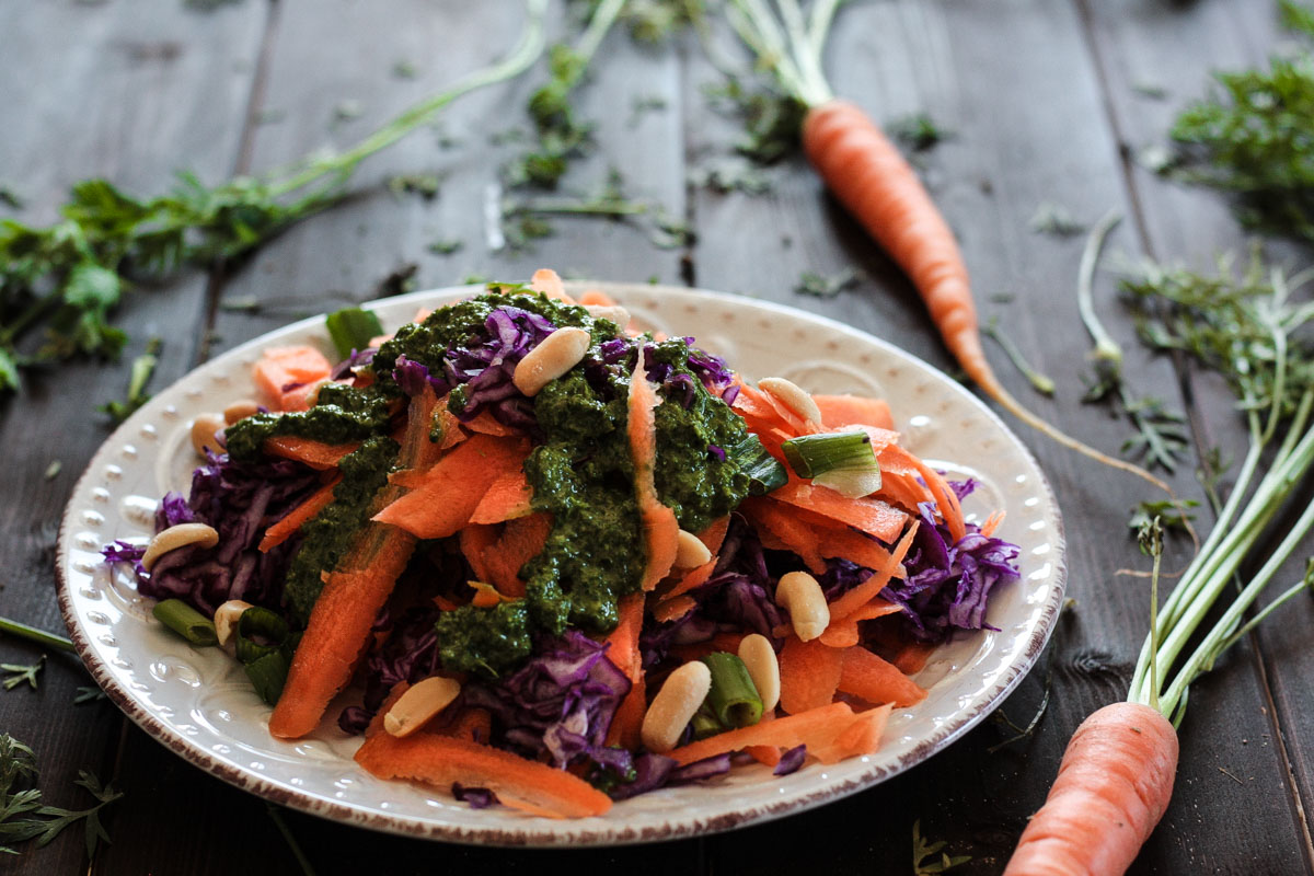 Schneller Karotten-Rotkohl-Salat mit frischem Karottengrün-Dressing - genau das Richtige, wenn mal wieder mehr Rohkost auf den Teller soll!