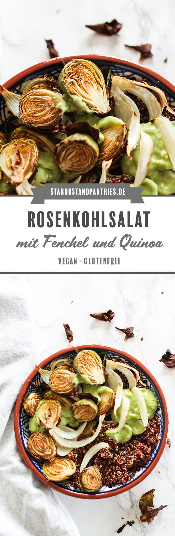 Warmer veganer Rosenkohlsalat mit geröstetem Fenchel und rotem Quinoa. Ein leckerer und gesunder Salat mit cremigem Avocado Dressing. #Salat #vegan #Quinoa #Rosenkohl #Fenchel #Rosenkohlsalat