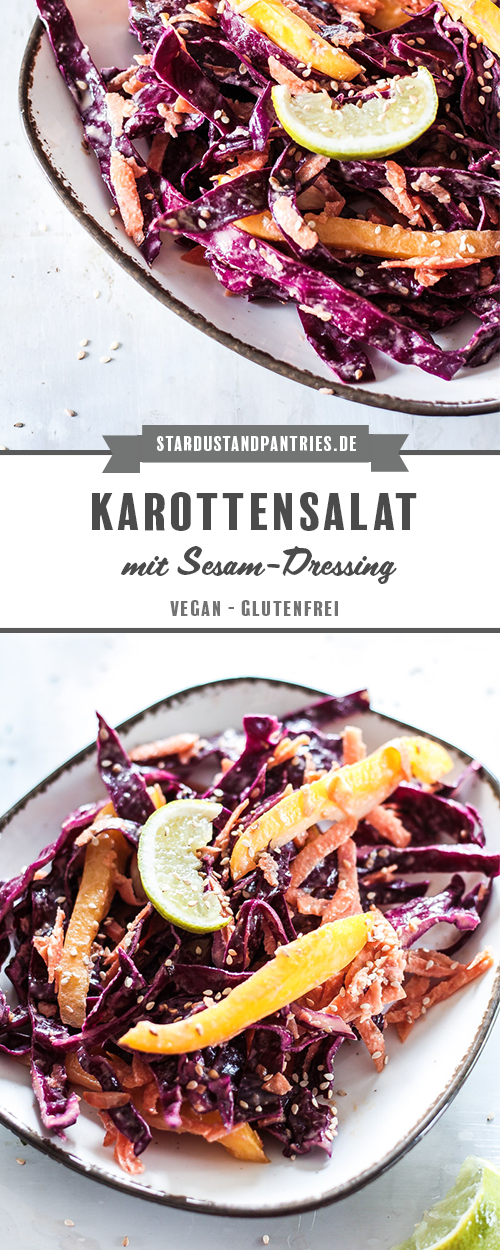 Schneller veganer Karottensalat mit Rotkohl in leckerem Sesam-Dressing. Der Salat ist schnell zubereitet und perfekt als leichtes Abendessen.. #Karottensalat #Sesam #Salat