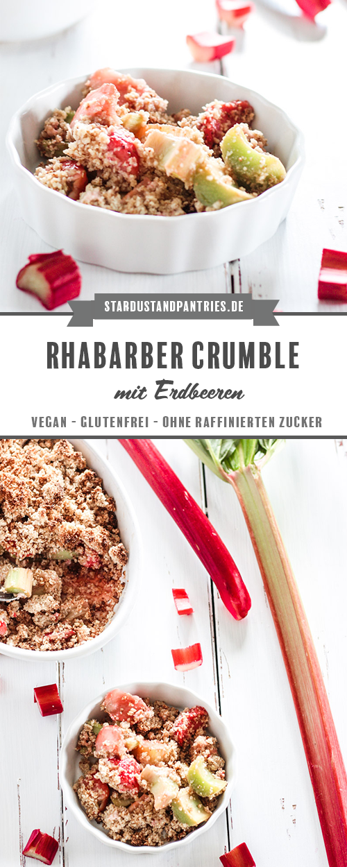Veganes und glutenfreies Rhabarber Erdbeer Crumble ist das perfekte leichte Dessert für warme Frühlingstage! Es benötigst nur 7 Zutaten und schmeckt Groß und Klein #Rhabarber #Crumble #Erdbeeren